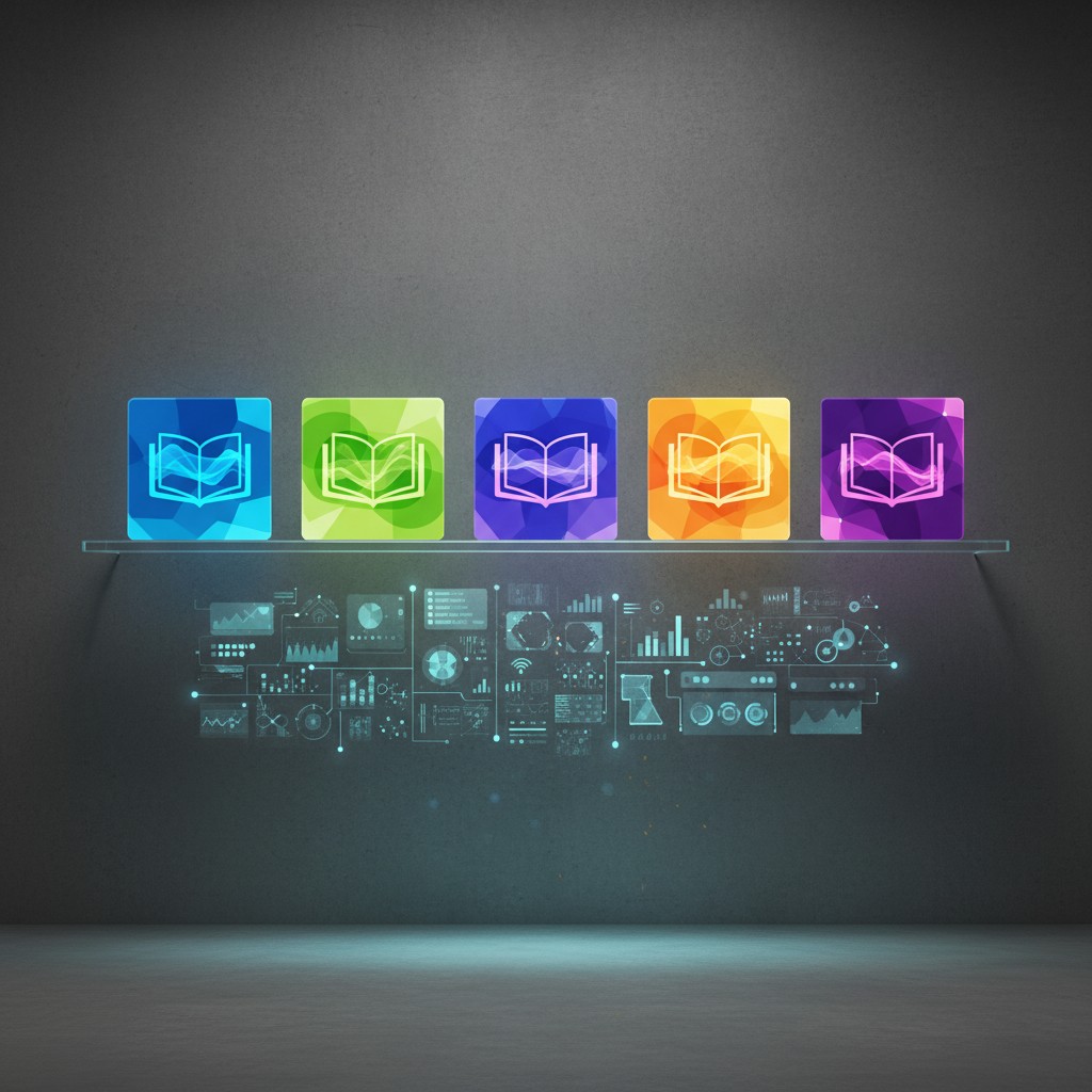 A shelf with five squares and an infographic below.