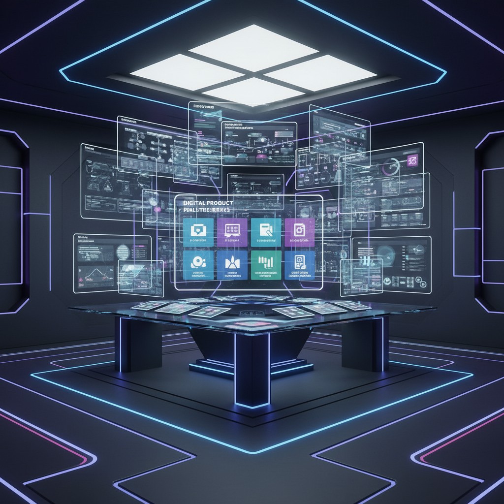 A room with futuristic digital interfaces and a table.