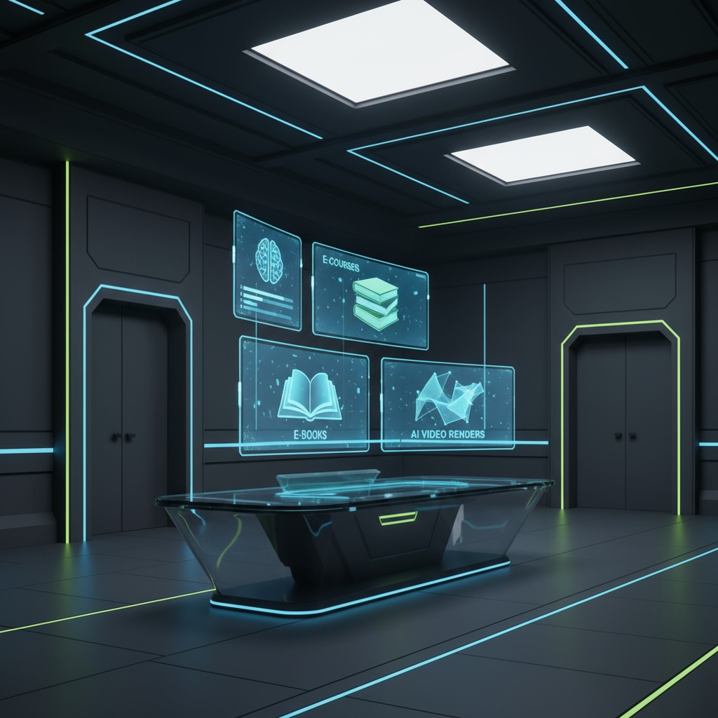 A futuristic room featuring a large table with four screens displaying interactive content related to books, e-learning, a...