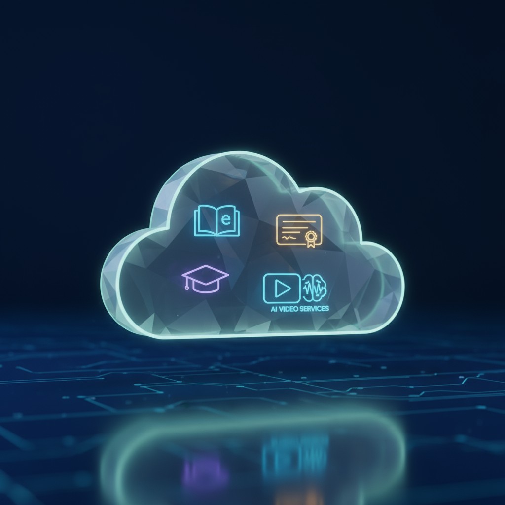 A graphic illustration of a cloud with various icons inside, such as an open book, an email, a graduation cap and a play b...